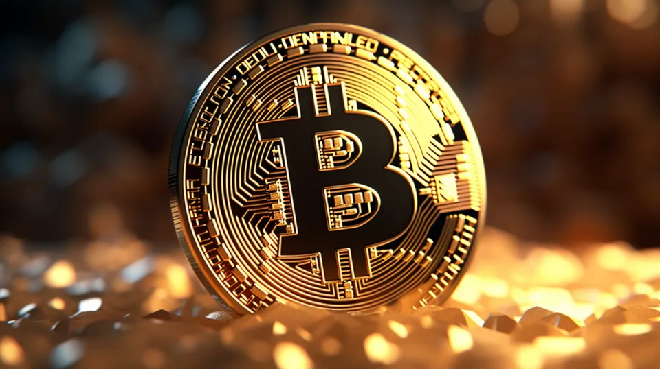 Detailed image of a golden bitcoin on a shiny background