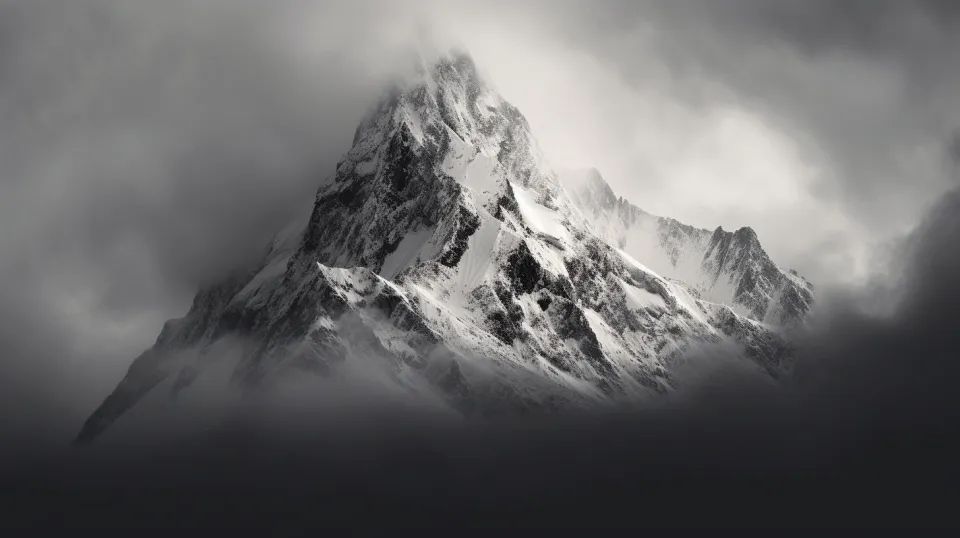 Dramatic view of a high mountain in clouds and snow