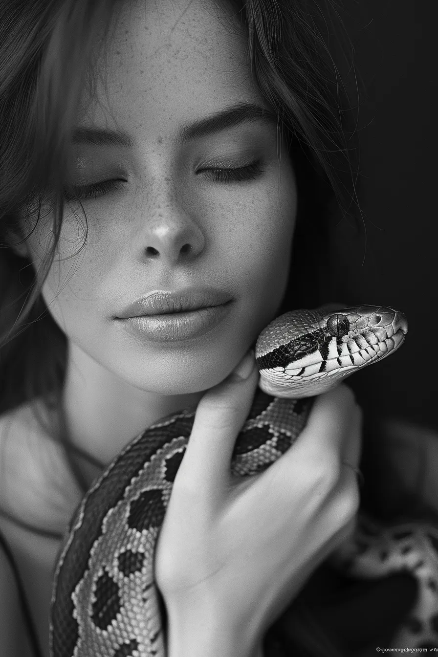 Portrait of a woman with closed eyes and a snake on her shoulders