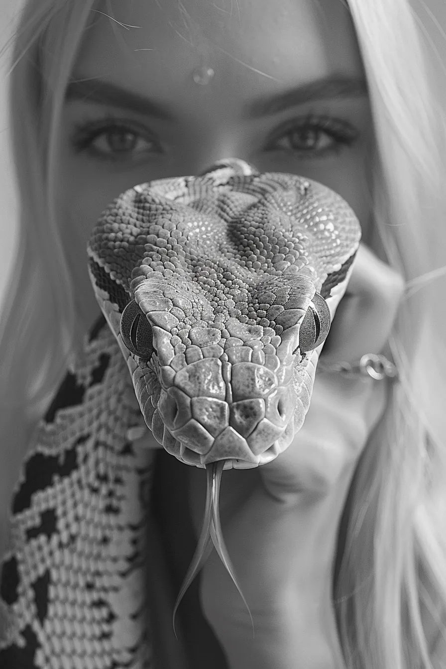 Portrait of a young woman with a python against a blurred background