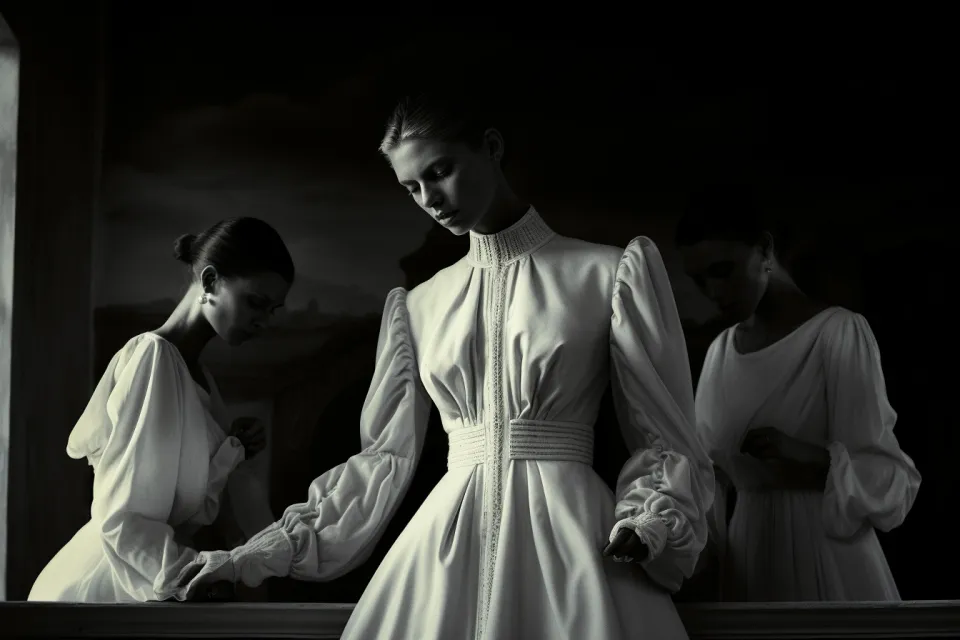 Female model in a white long-sleeved dress in front of a mirror