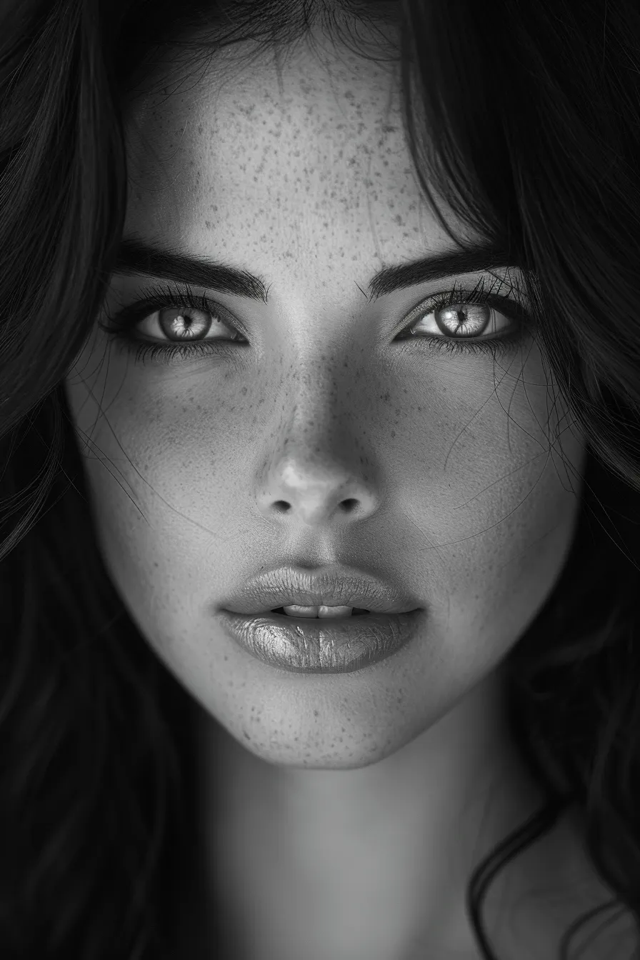 Black and white portrait of a woman with freckles and expressive eyes