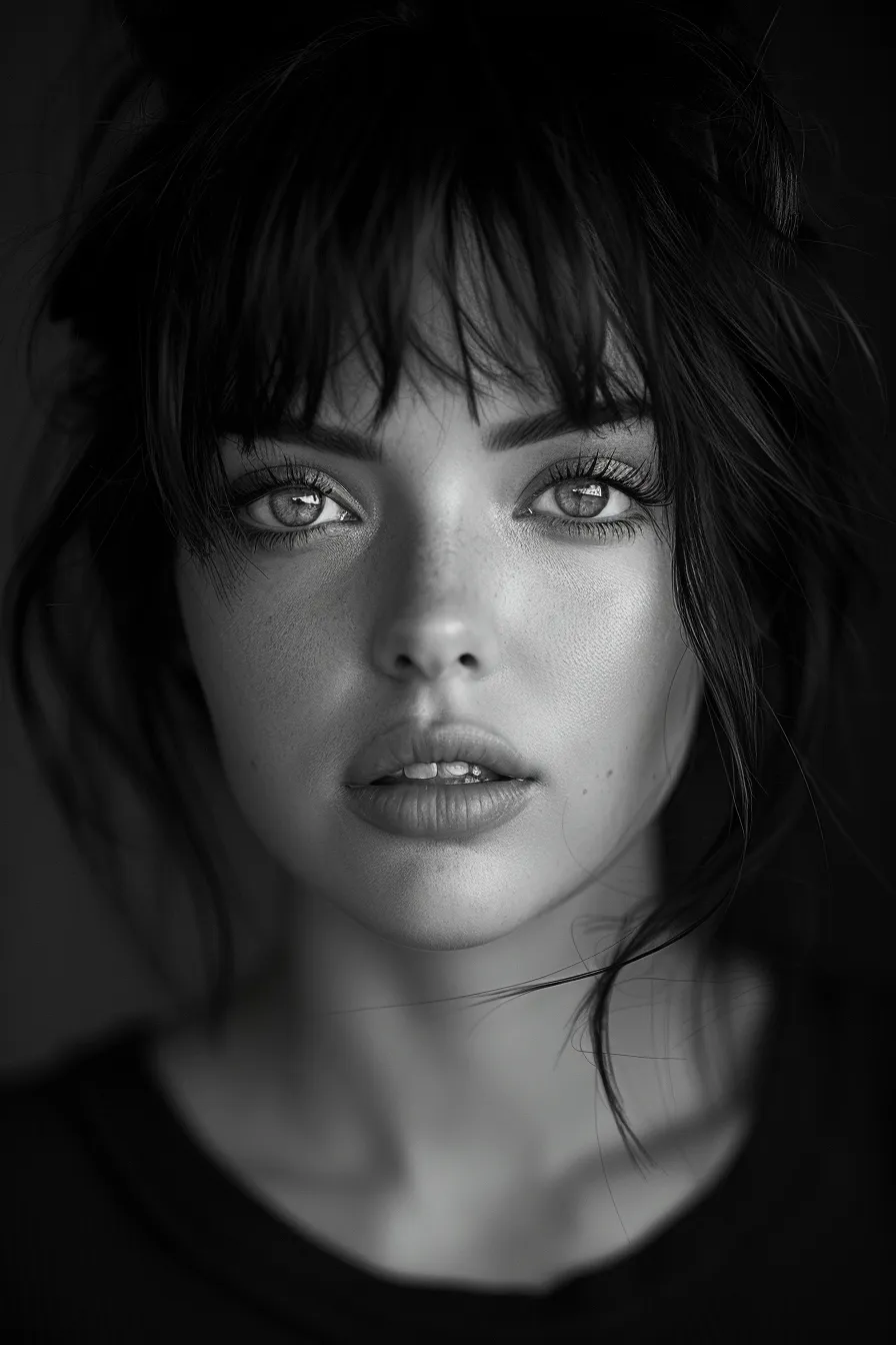 Portrait of a girl with beautiful eyes and natural makeup against a black background