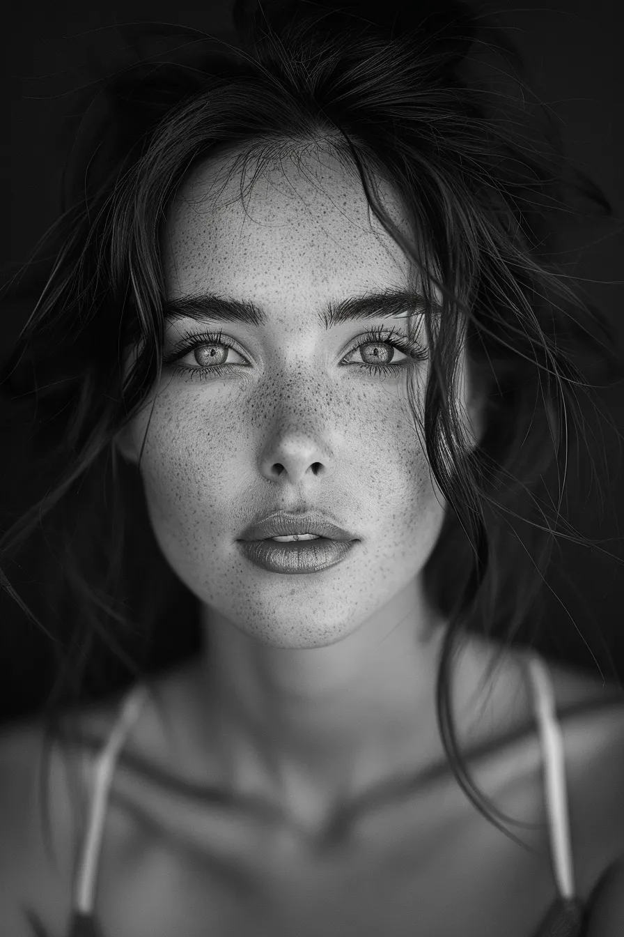 A Striking Portrait of a Woman with Freckles Against a Dark Background