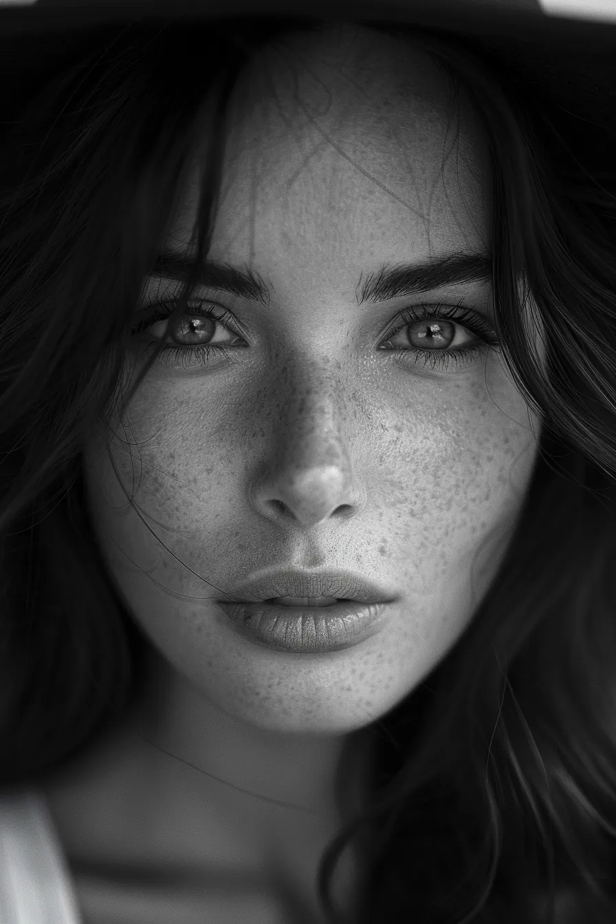 Close-up portrait of a young woman with freckles in black and white