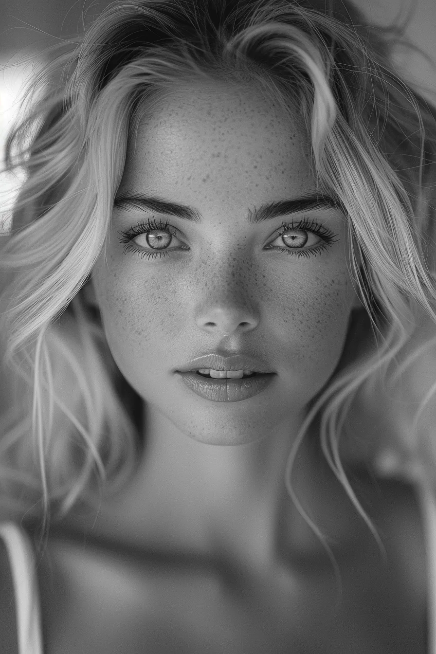 Black and white portrait of a girl with bright freckles and light hair