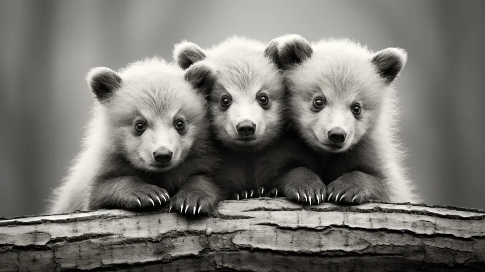Three fluffy bear cubs sitting on a log in black and white style