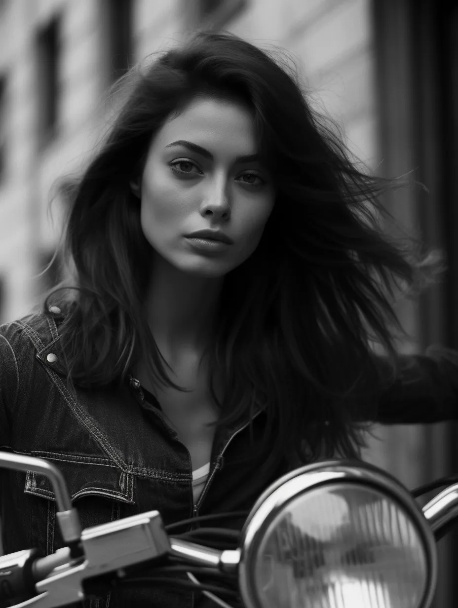 Retrato de una chica con chaqueta de denim en una motocicleta, fotografía en blanco y negro