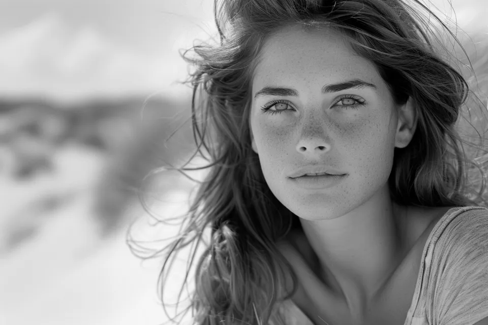 Black-and-white portrait of a girl with long hair and freckles