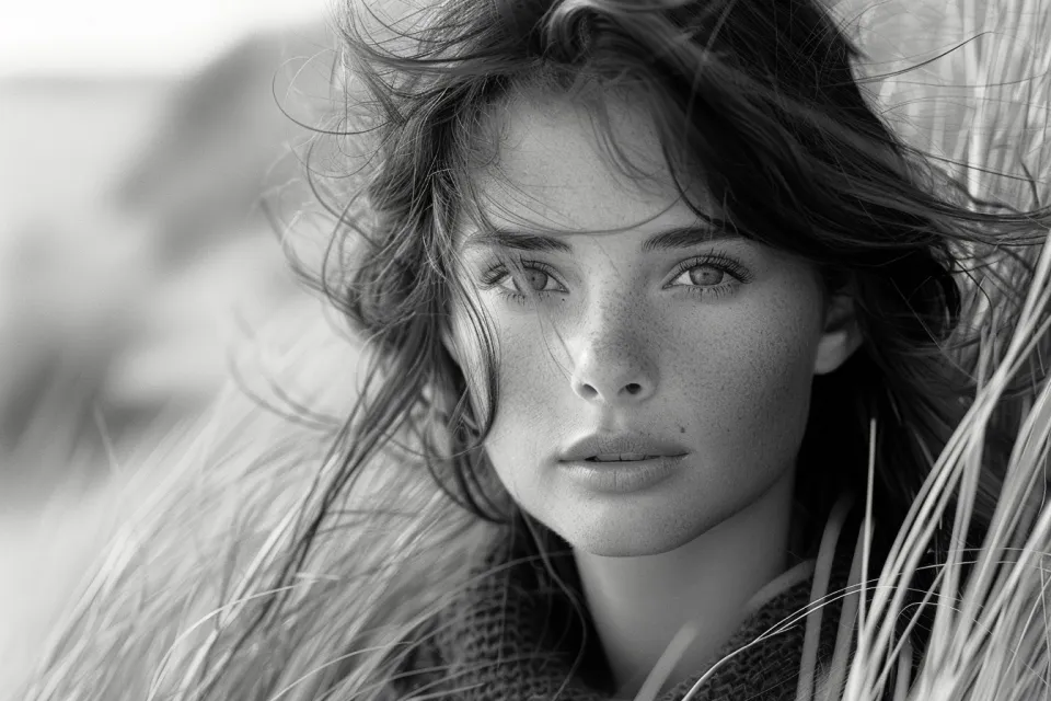 Retrato de una mujer con cabello rizado frente a la vegetación
