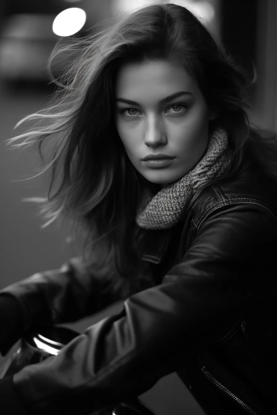 Young woman with long hair and an intense gaze in a black jacket