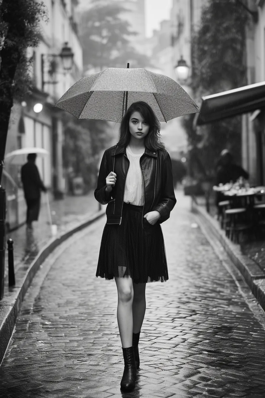Young woman walking the streets in the rain with an umbrella