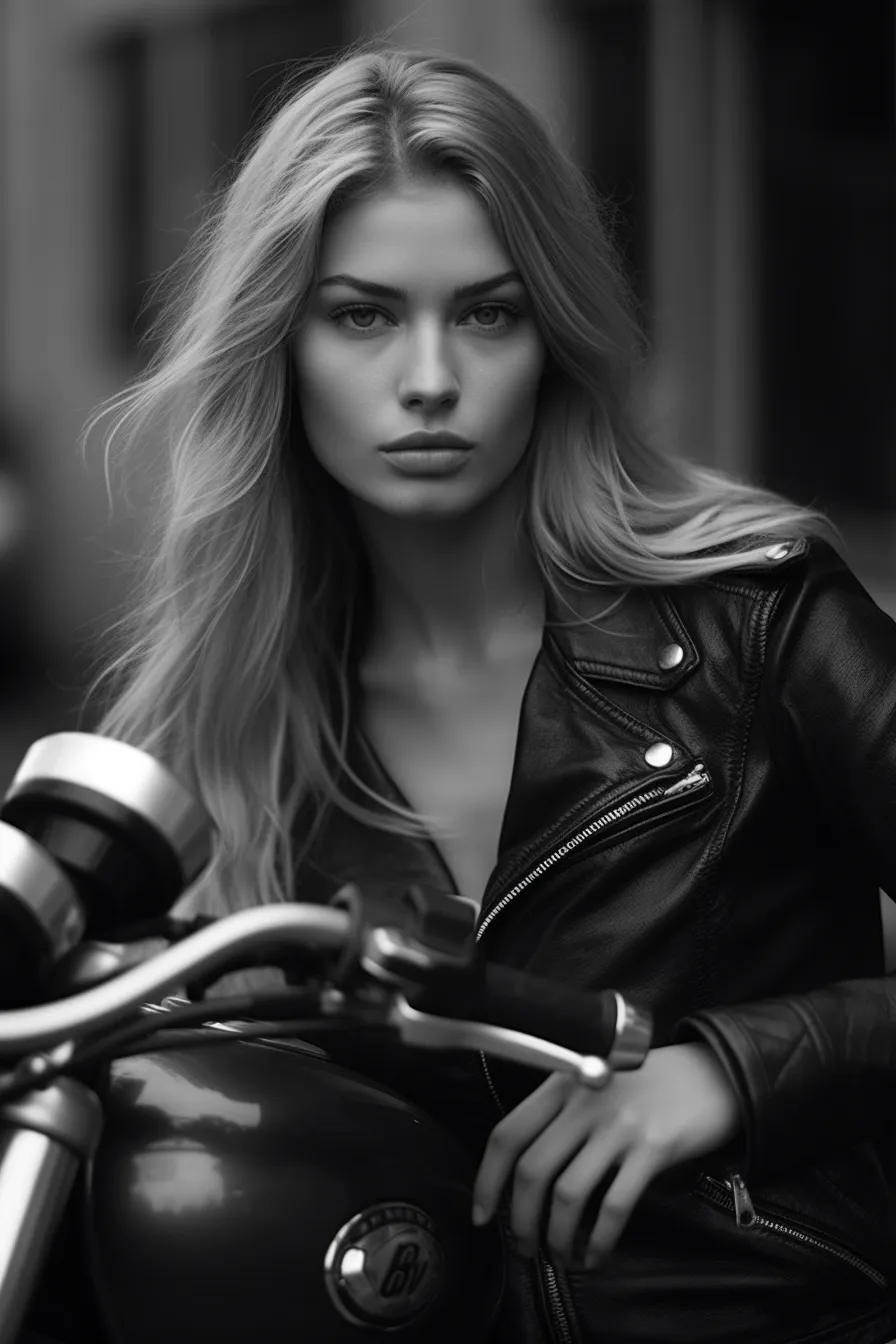 Modelo femenino con pelo largo posando sobre una motocicleta