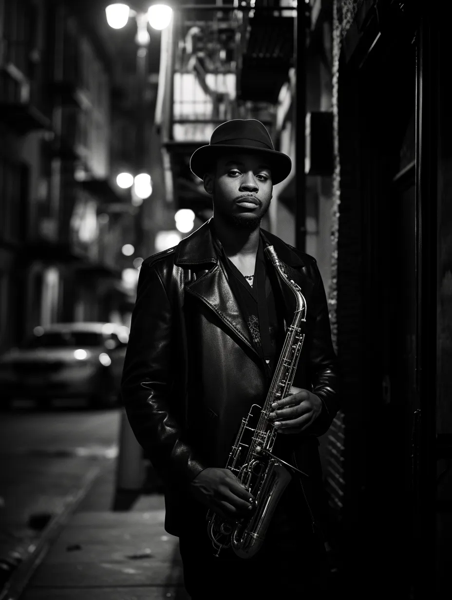 Hombre con saxofón frente a un paisaje urbano nocturno