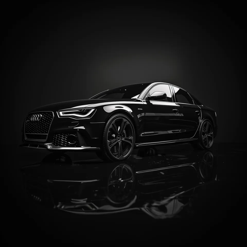Estilizado sedán negro Audi sobre un fondo oscuro