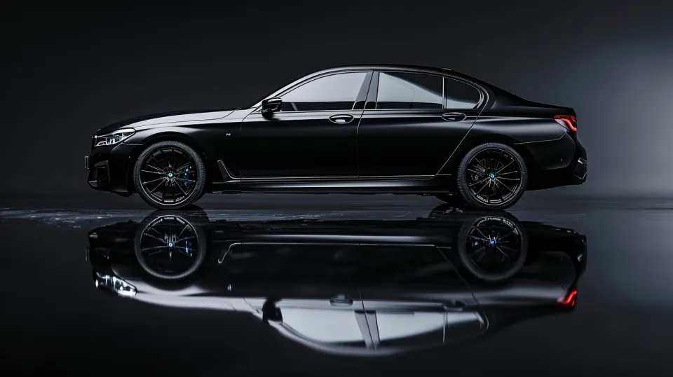 Black sports sedan reflected on a dark surface