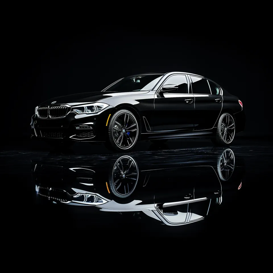 Стильный черный седан BMW с отражением на блестящем фоне