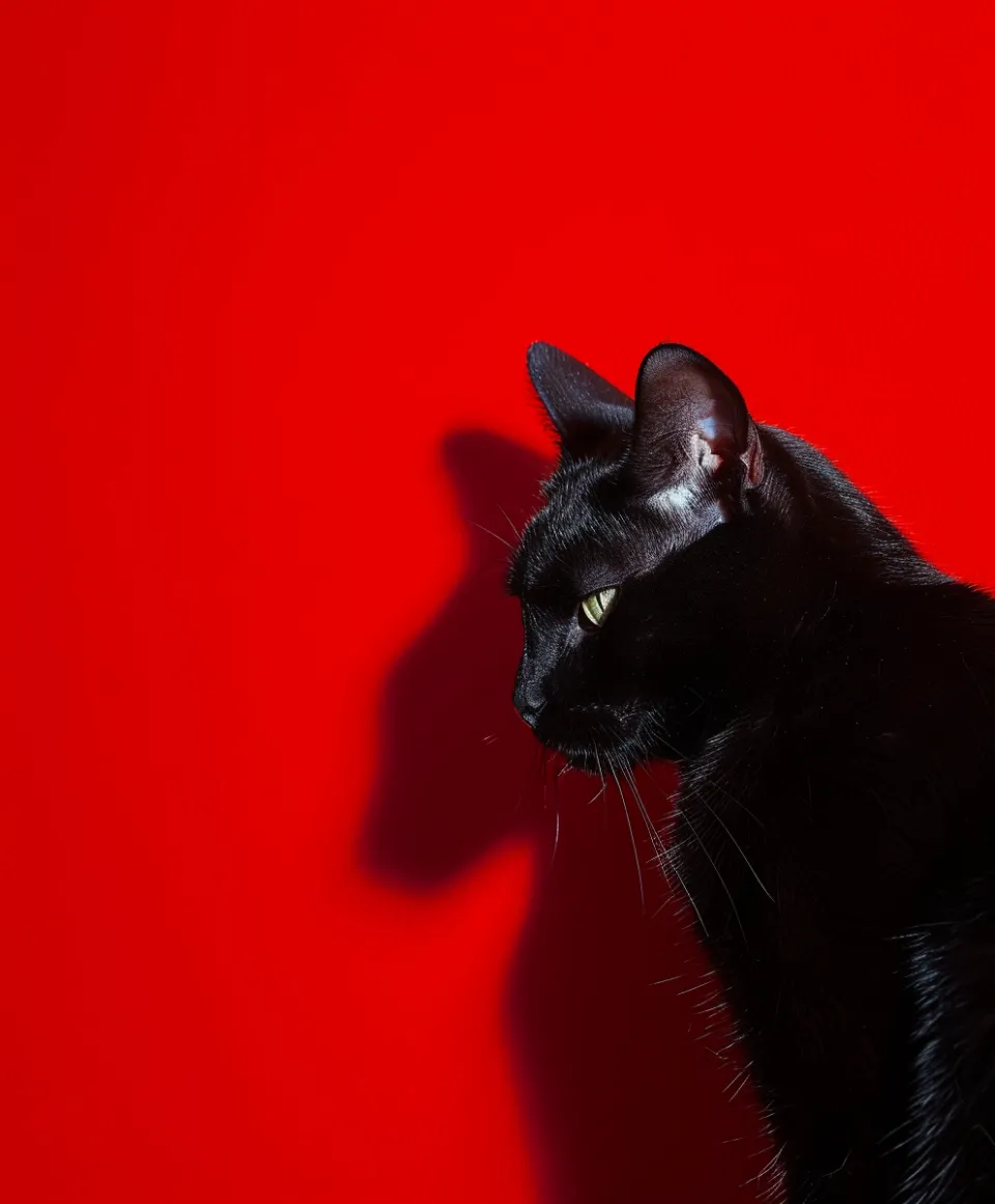 Gato negro con una mirada expresiva frente a una brillante pared roja