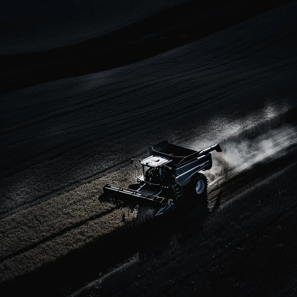 Aerial shot of a combine harvester working in dark fields at night
