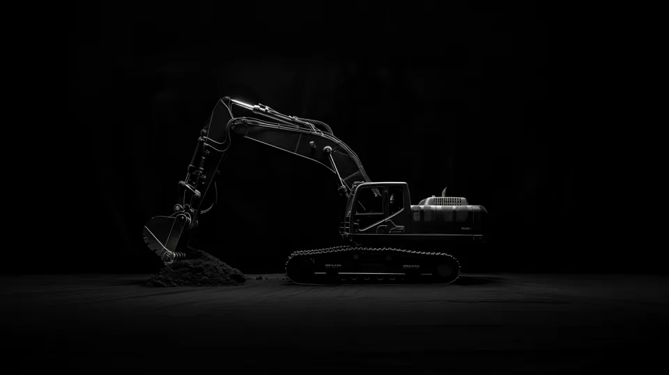 Black-and-white excavator with bright lighting on a dark background