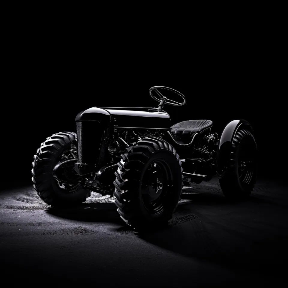 Tractor con ruedas masivas y diseño minimalista sobre fondo oscuro