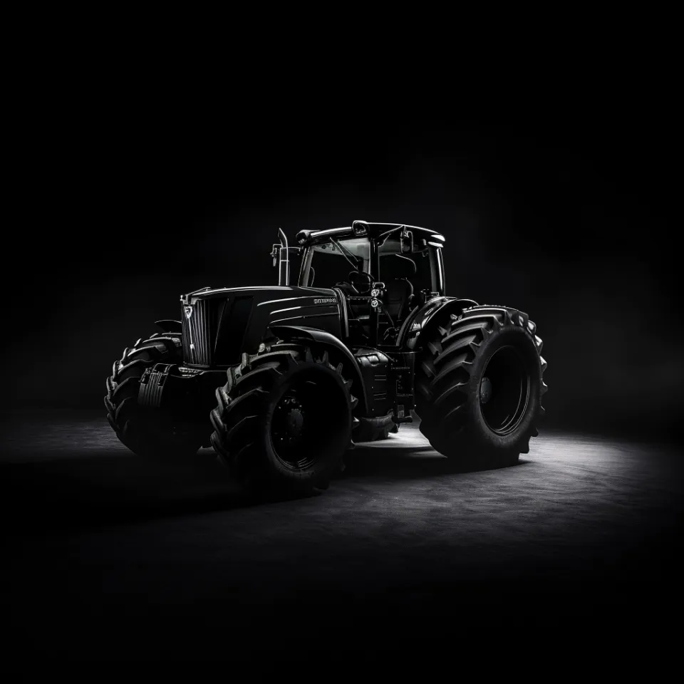 Moderno tractor negro con grandes ruedas en un entorno minimalista