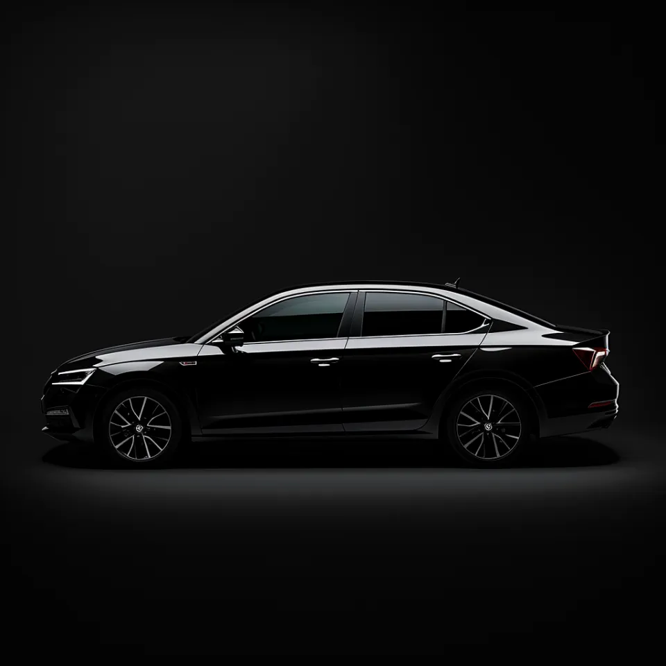Modern black sedan with smooth lines and reflection on a black background