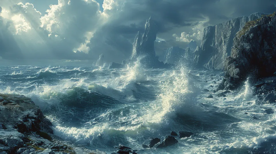 Strong waves and rocky shores in stormy weather