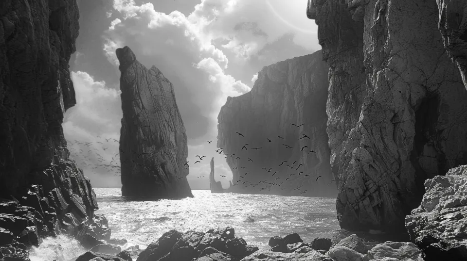 Black and white seascape with high cliffs and many birds