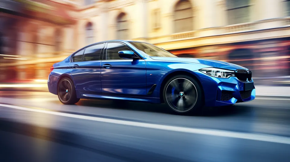 Modern blue BMW sedan moving down the street in an urban setting