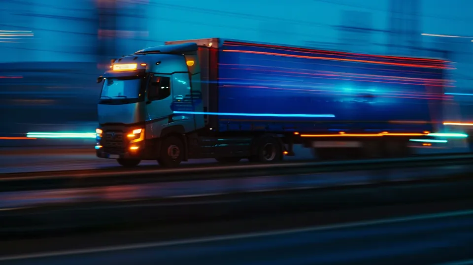 Un camión pasa por una ciudad nocturna con luces brillantes