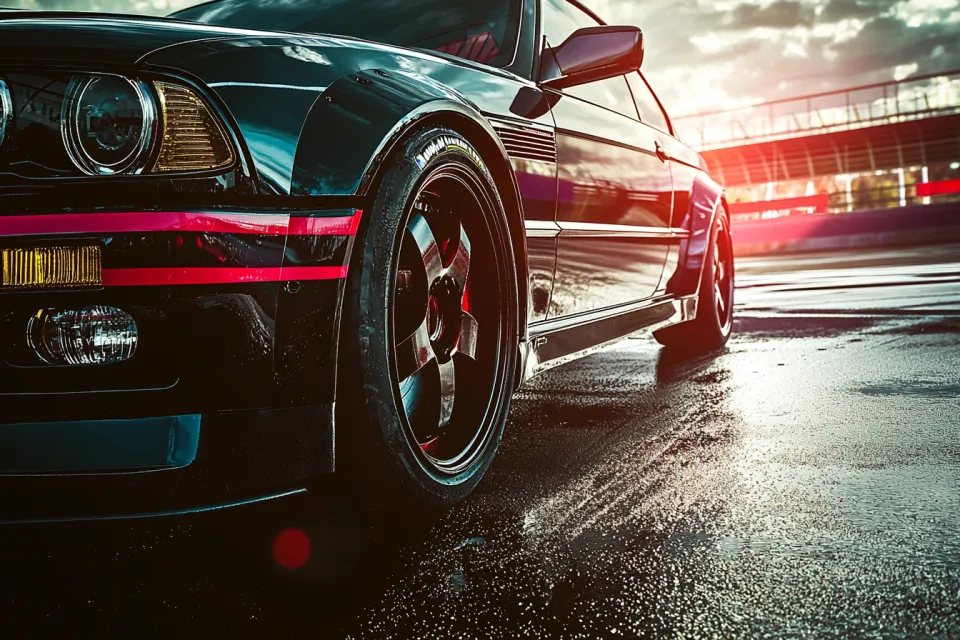 The aesthetics of a sports car in the rain with a shiny surface