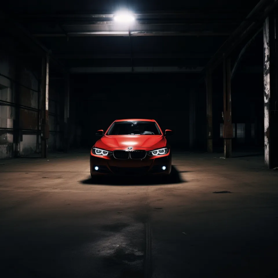 Outstanding red BMW car illuminated in a gloomy setting