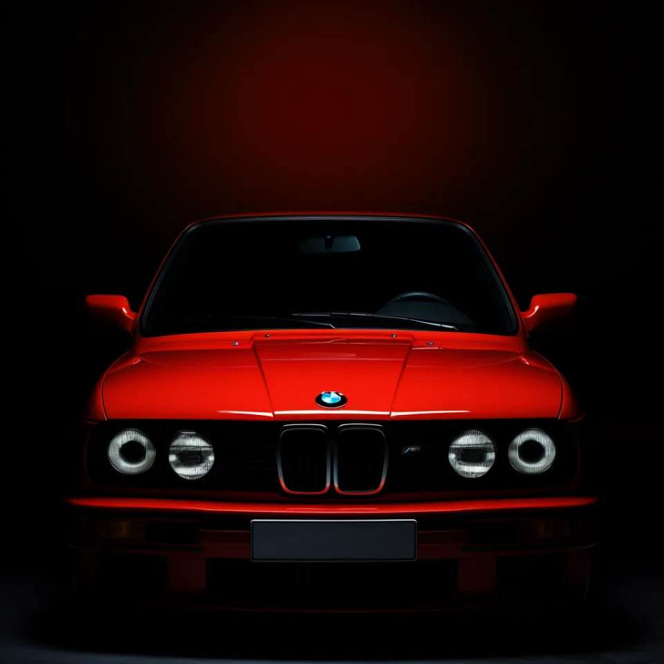 Front view of a glossy red sports car in a dark setting