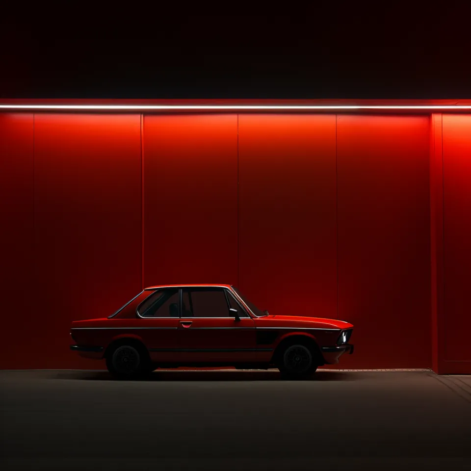 Side view of a classic red car by a wall with neon light