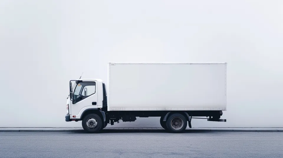 Photo of a white truck parked next to a wall with a simple background