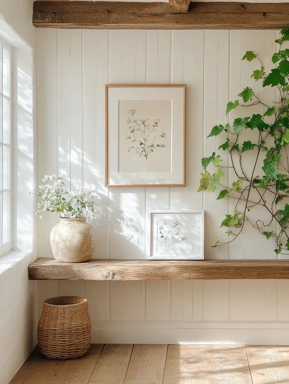 Bright room with a wooden table, vase, and floral paintings
