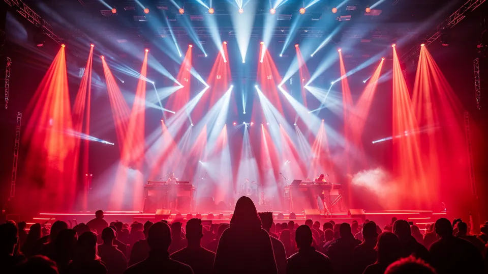 Concert with Bright Lights and Dynamic Lighting of an Enthusiastic Audience