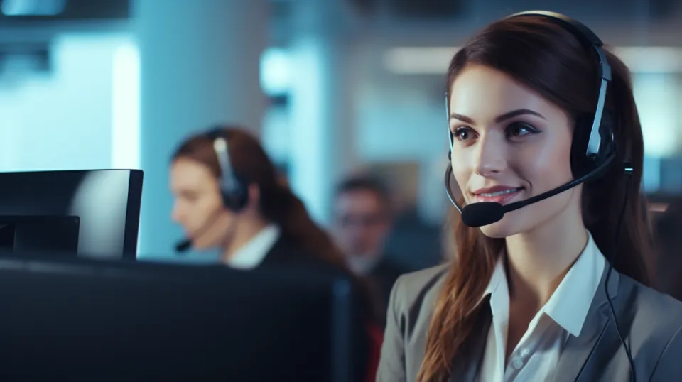 Consultor en un centro de llamadas con auriculares, trabajando en una computadora