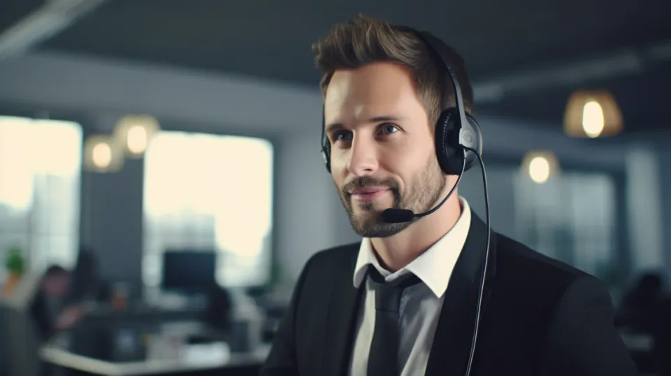 Joven serio en la oficina con auriculares sobre la cabeza