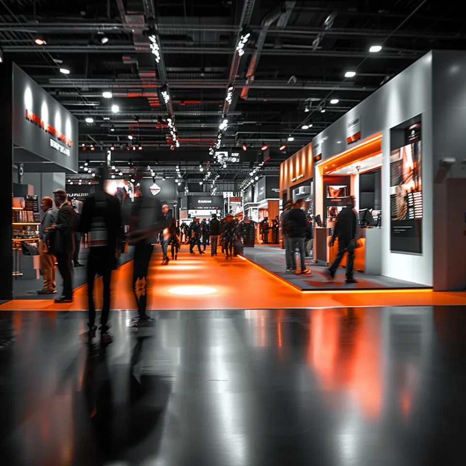 Visitors at the exhibition between stands with bright orange lighting