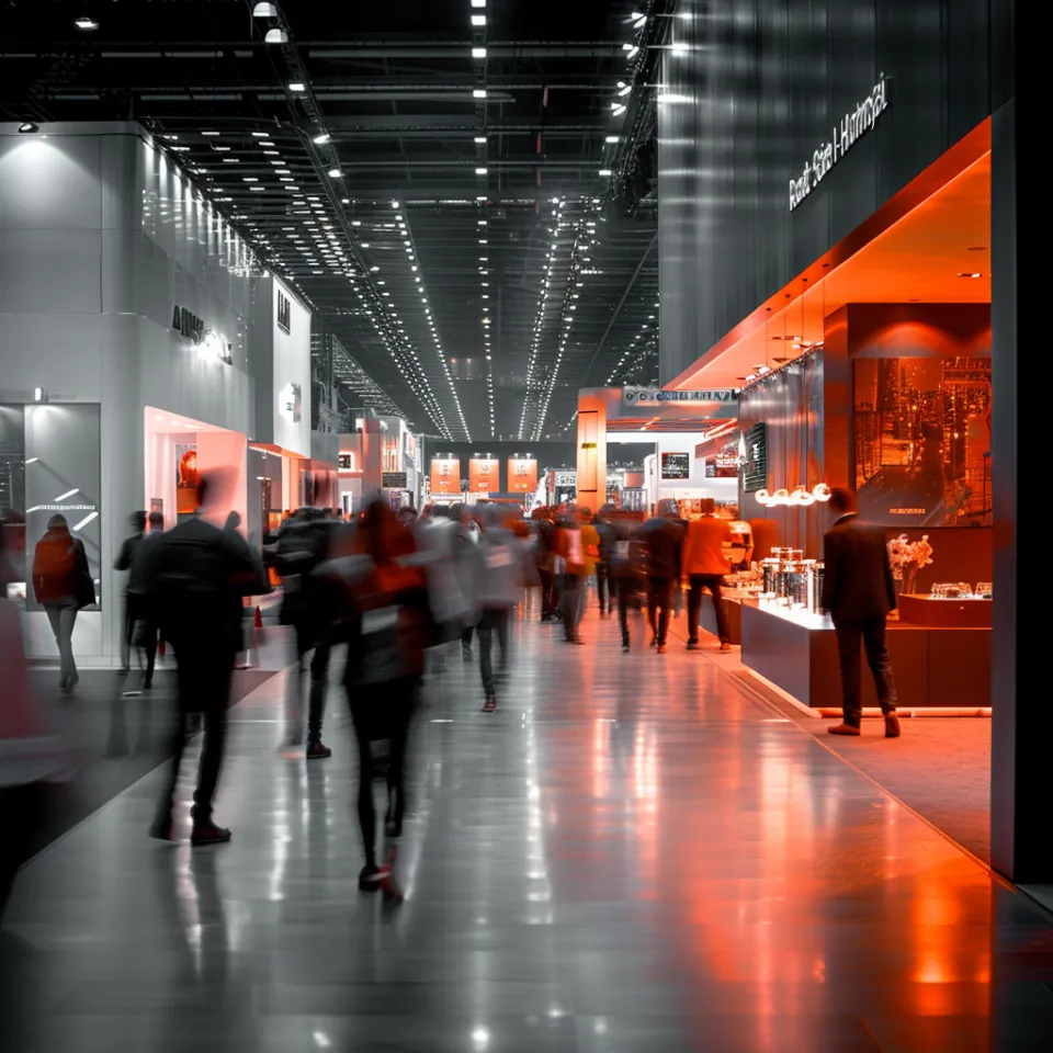 Escena de la exposición con visitantes y stands iluminados