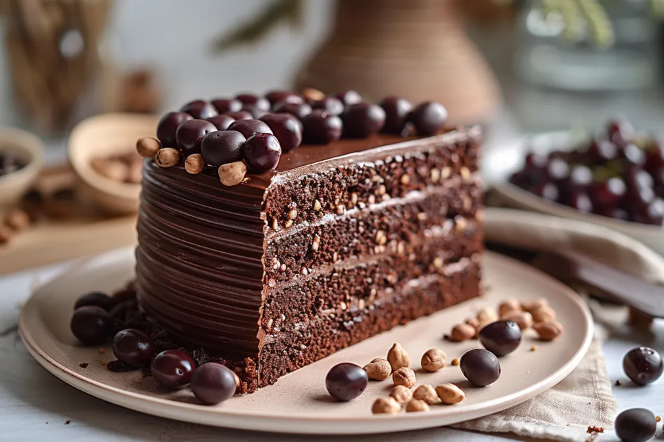 Chocolate sponge cake decorated with berries and nuts