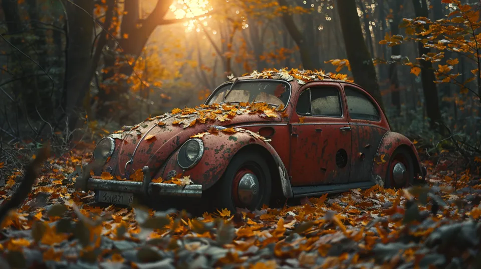 Old red car covered with leaves in an autumn forest