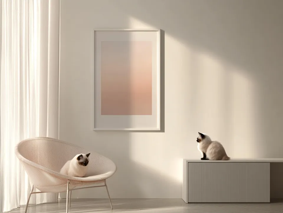Habitación luminosa con gatos y decoración moderna