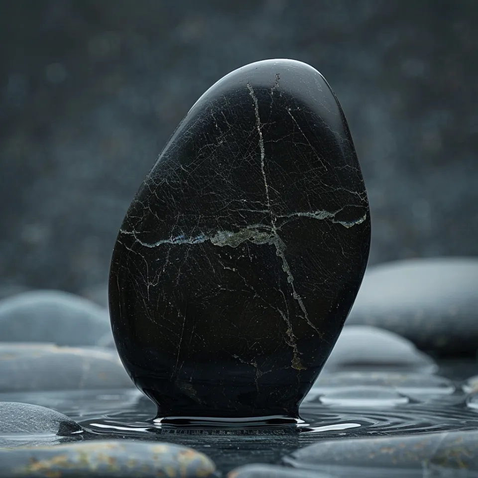 Black stone pebble with shiny features against a water surface background