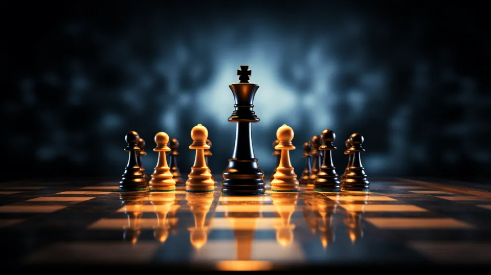Chess pieces on the board create an atmosphere of tension and strategy