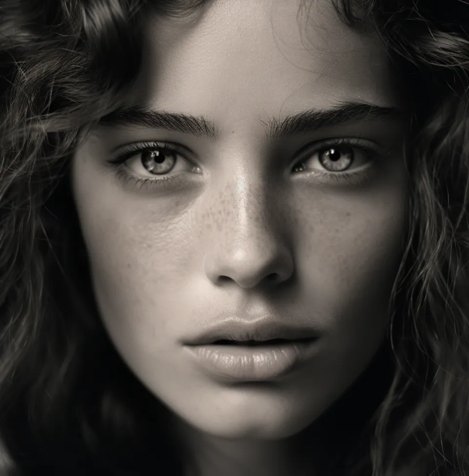 Black and white portrait of a young girl with natural beauty and expressive eyes