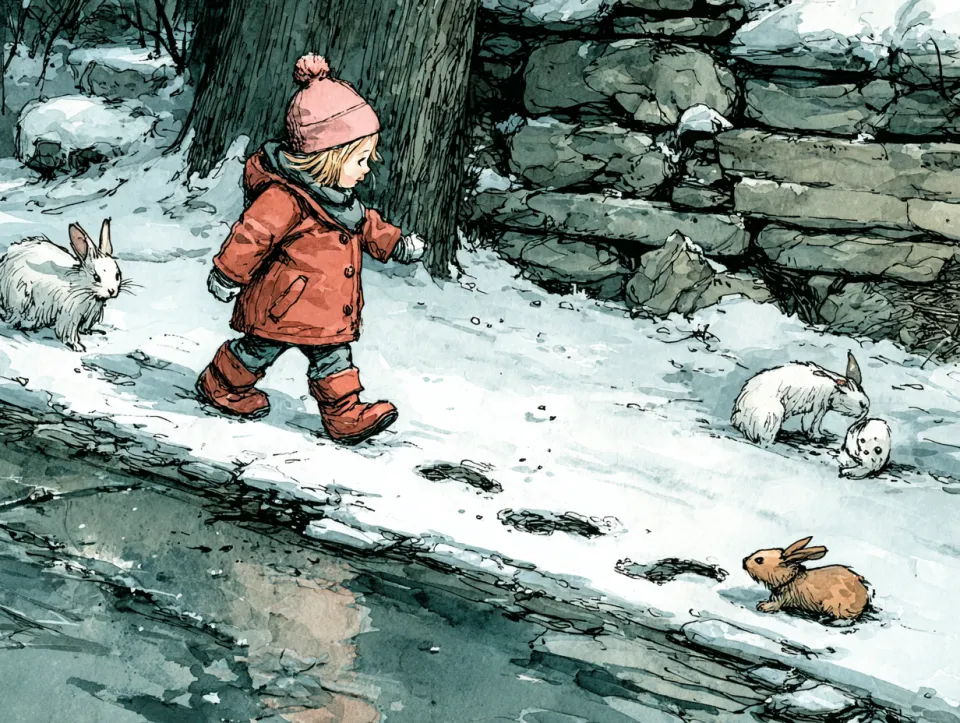 Pequeña niña vestida de invierno caminando por un sendero nevado rodeada de conejos