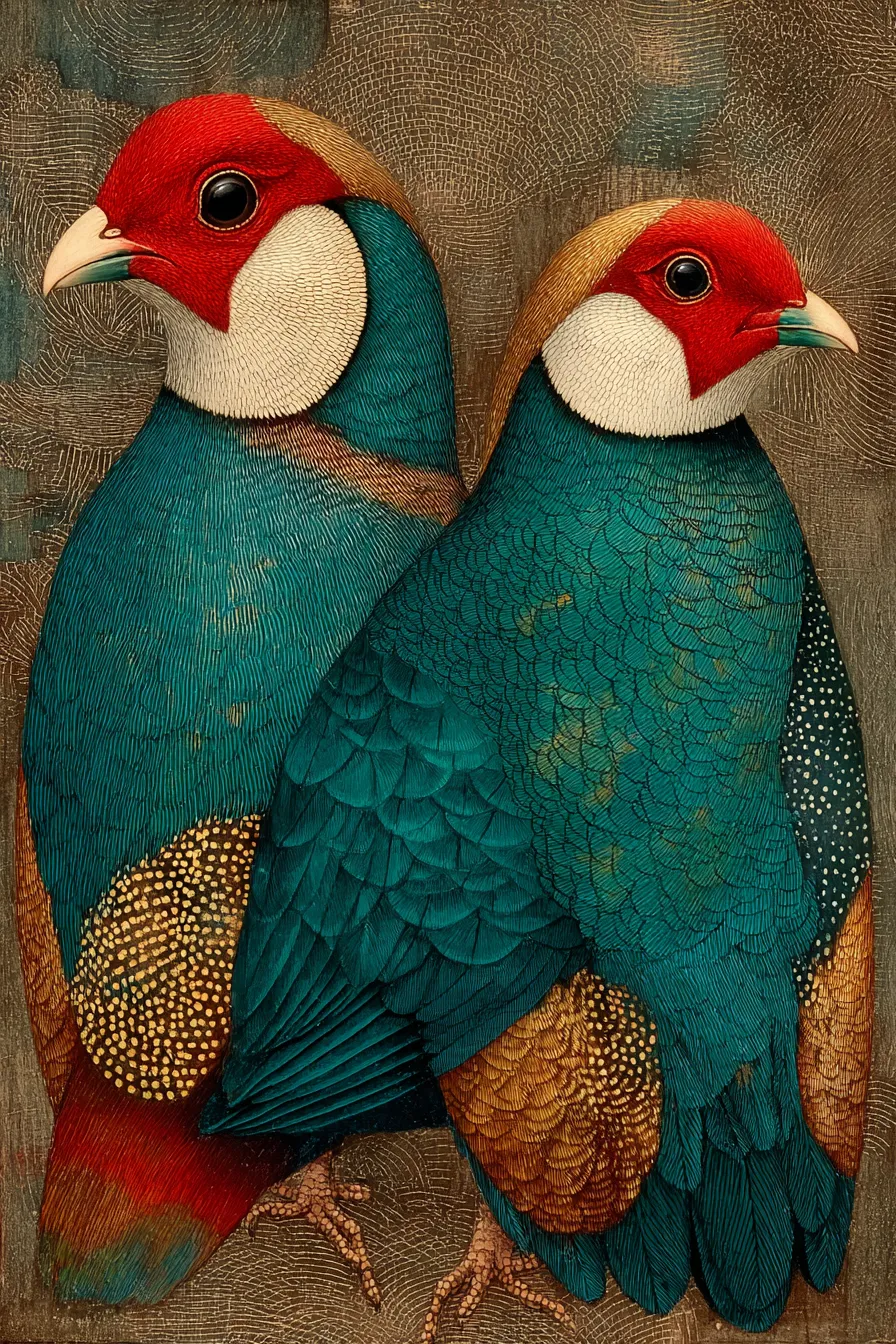 Illustration of Two Bright Birds with Detailed Feather Texture